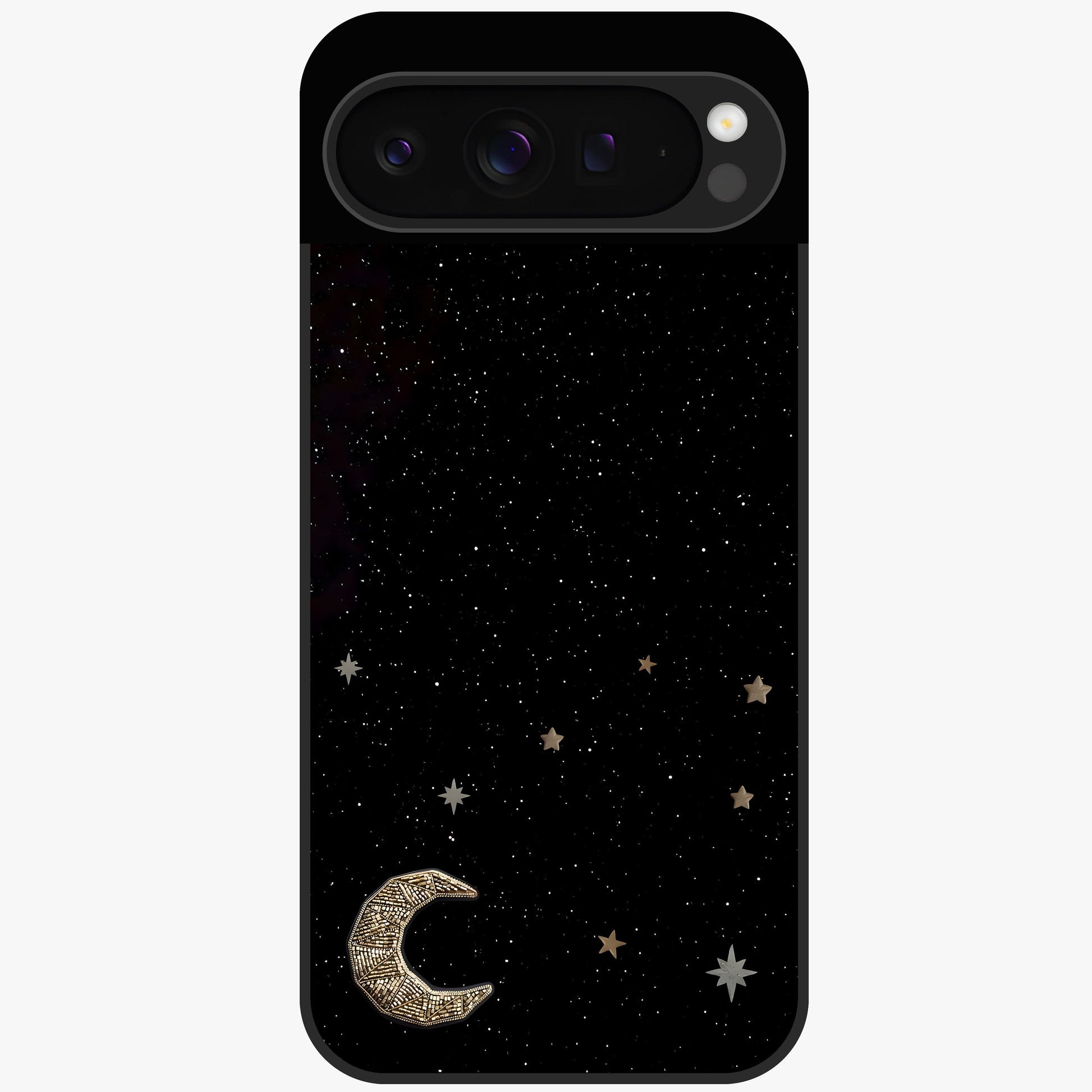 Twinkle Star With Half Moon Glass Case showing flat back view with star and half moon artwork and glossy glass finish.