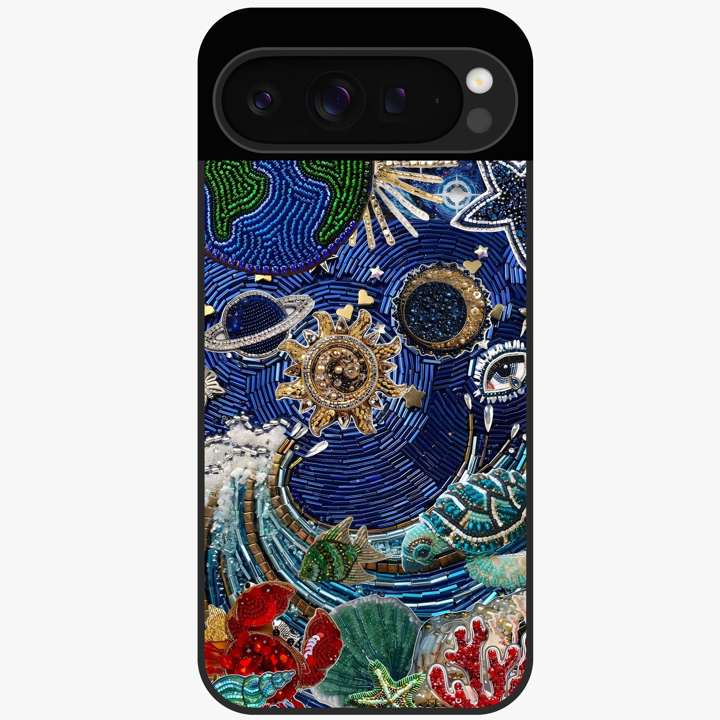Universe Underwater Spark Glass Case showing flat back view with cosmic underwater themed artwork and glossy glass finish.