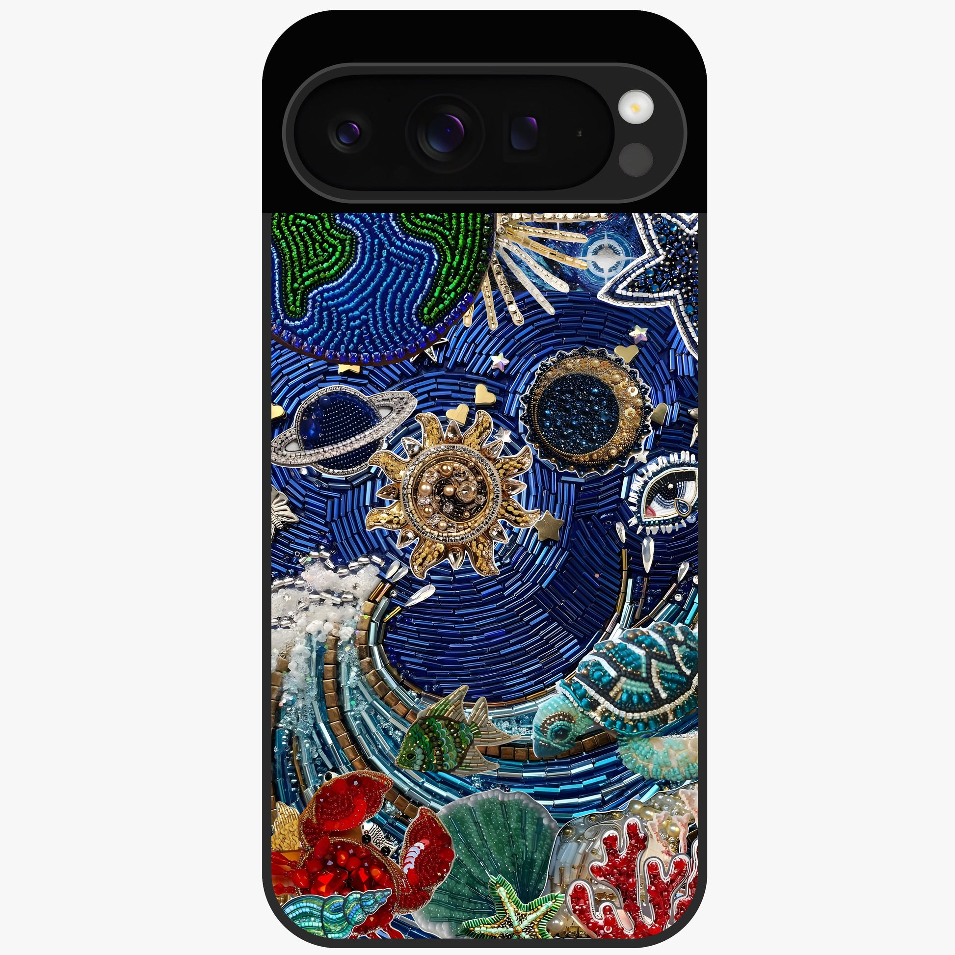 Universe Underwater Spark Glass Case showing flat back view with cosmic underwater themed artwork and glossy glass finish.