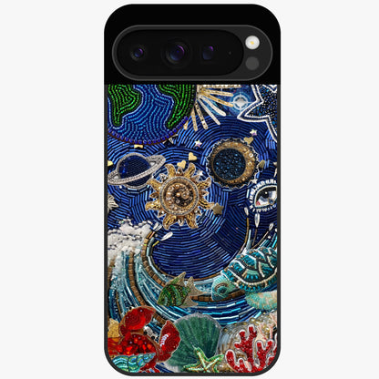 Universe Underwater Spark Glass Case showing flat back view with cosmic underwater themed artwork and glossy glass finish.