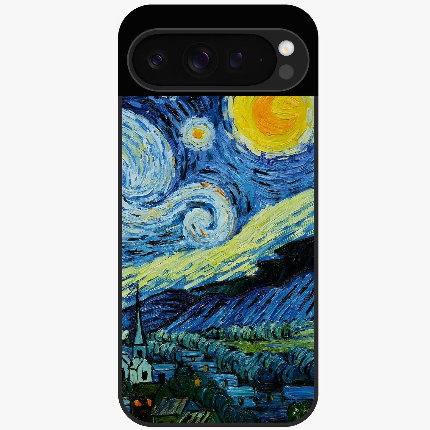 Van Gogh Art Glass Case showing flat back view with classic painterly artwork inspired by Van Gogh style and glossy glass finish.
