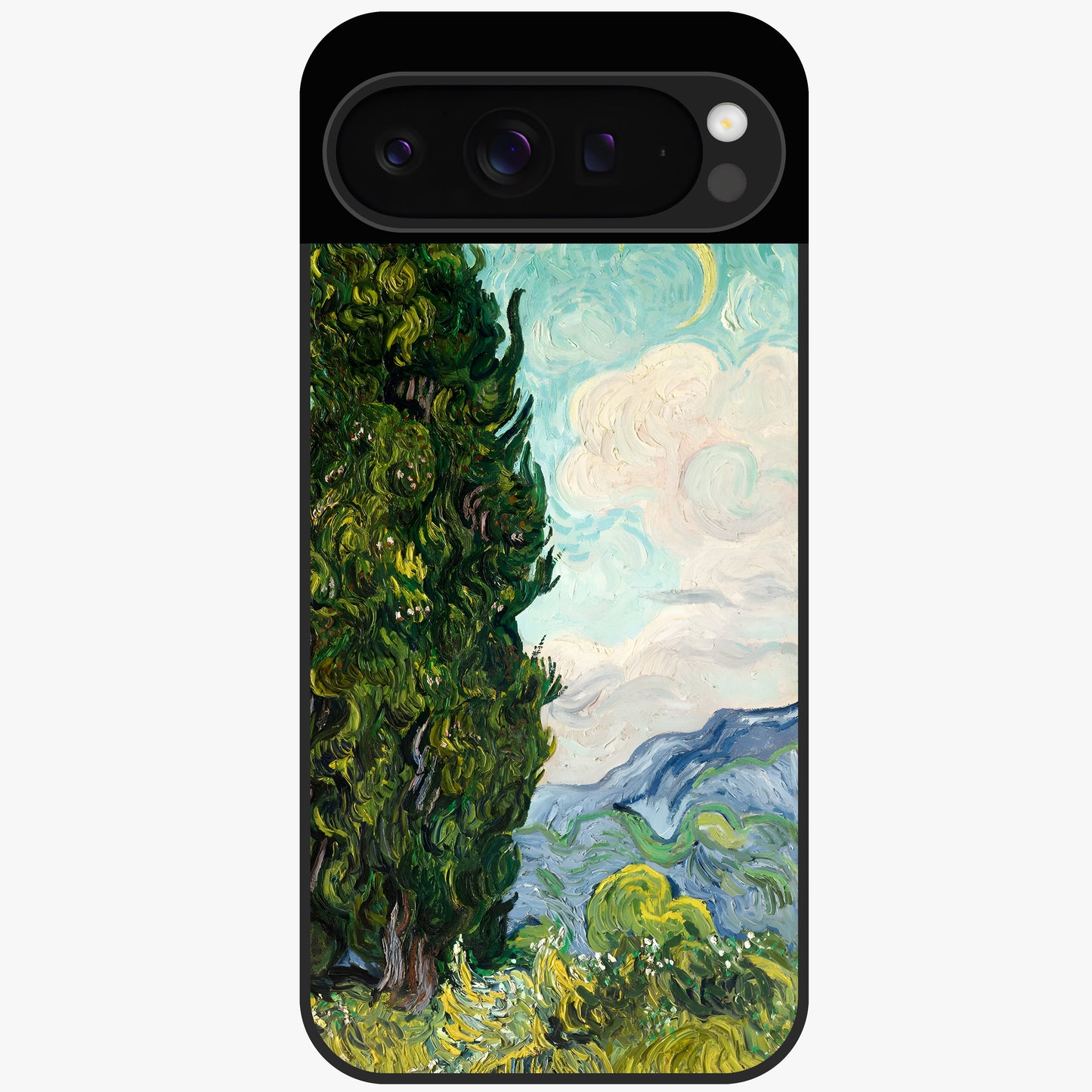 Van Gogh Vintage Art Glass Case showing flat back view with vintage painterly artwork inspired by Van Gogh style and glossy glass finish.