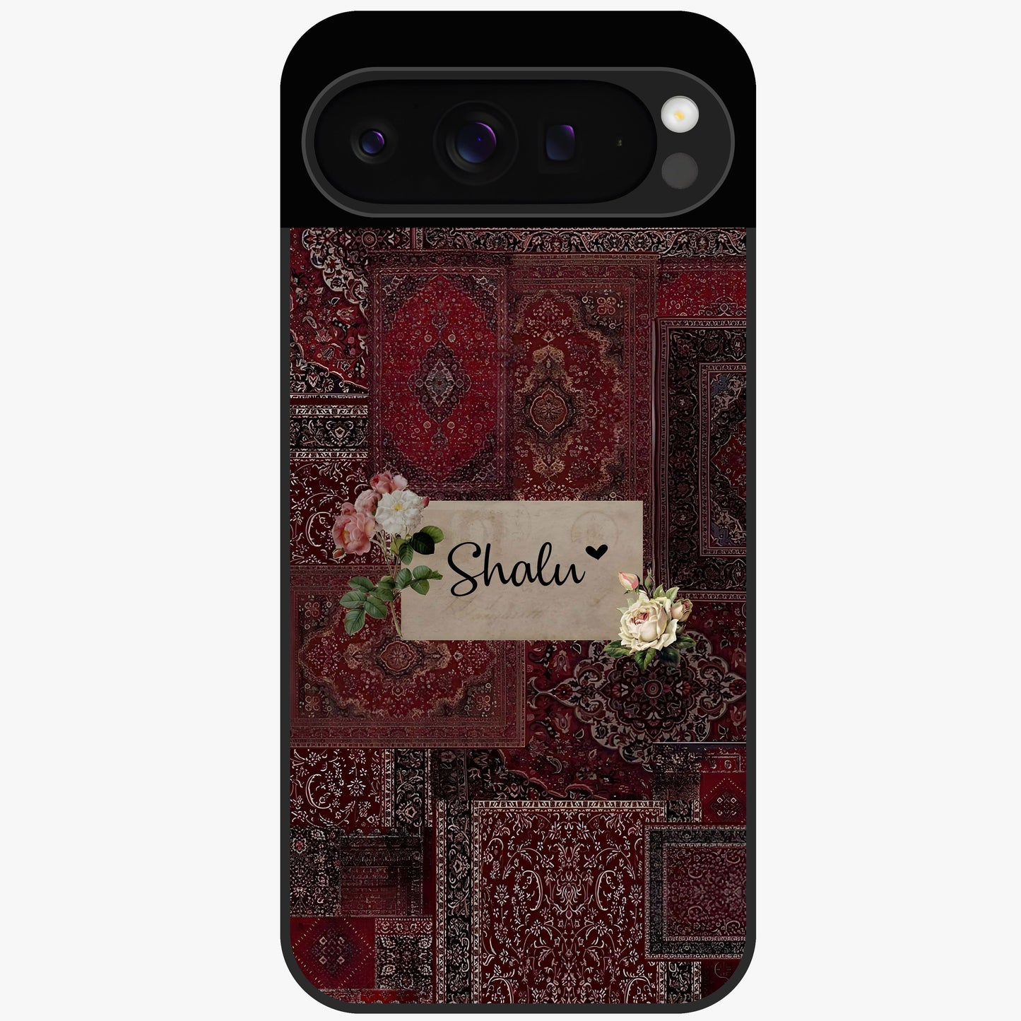 Velvet Wine Pattern Custom Name Glass Case showing flat back view with elegant wine colored pattern artwork and personalized name design.