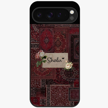 Velvet Wine Pattern Custom Name Glass Case showing flat back view with elegant wine colored pattern artwork and personalized name design.