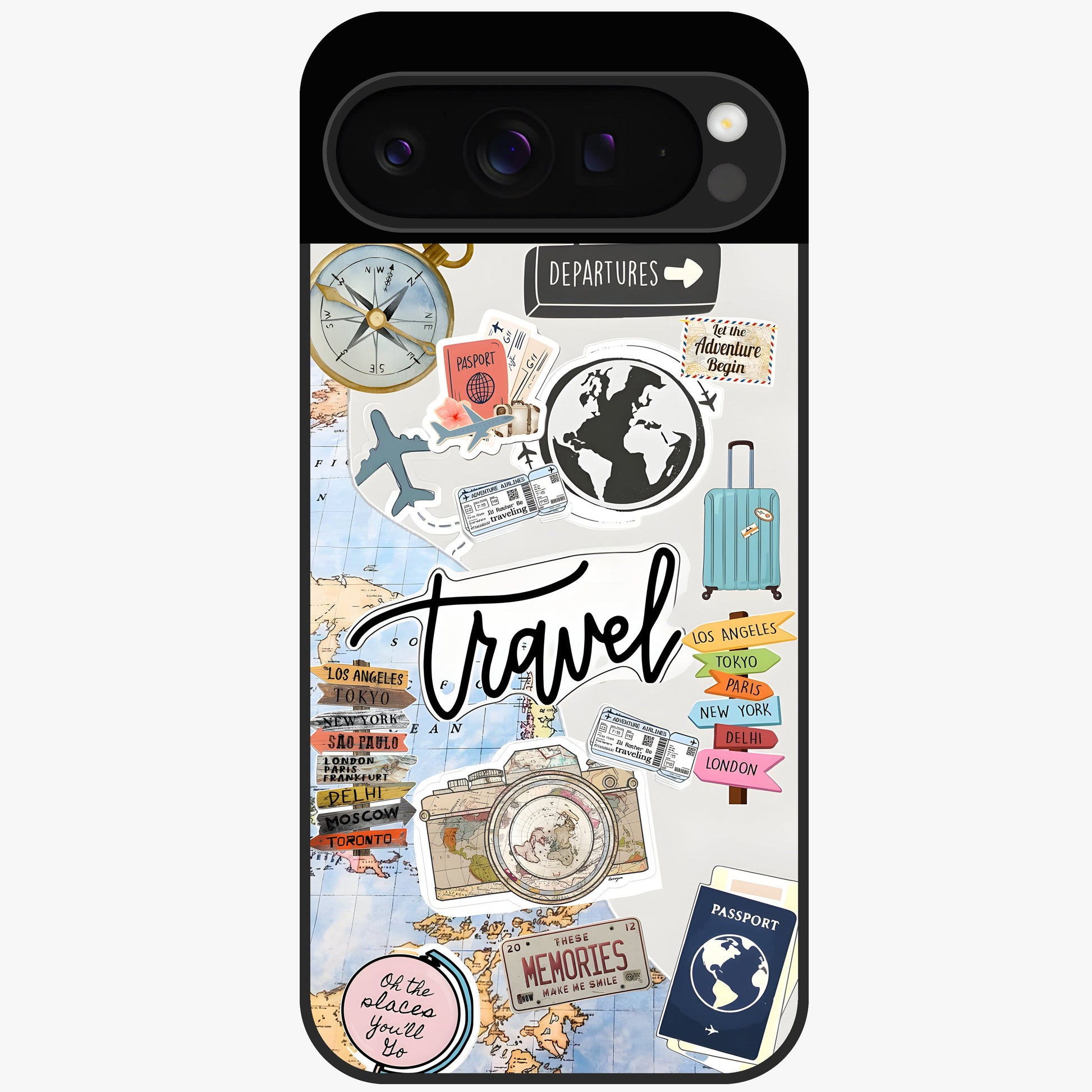 Wanderlust Journal Glass Case showing flat back view with travel inspired artwork and glossy glass finish.