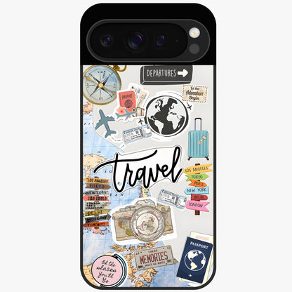 Wanderlust Journal Glass Case showing flat back view with travel inspired artwork and glossy glass finish.