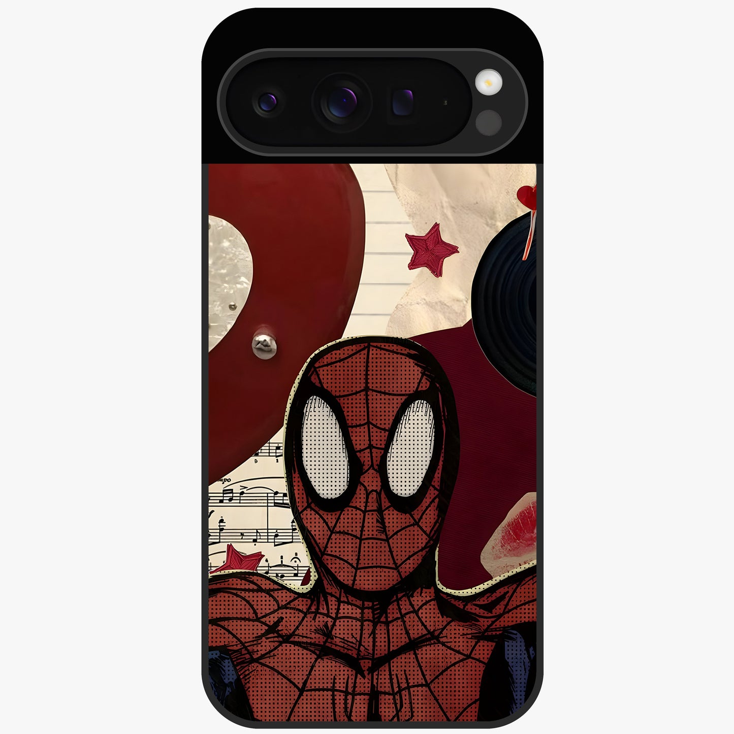 Web Warrior Vibes Glass Case showing flat back view with superhero inspired web themed artwork and glossy glass finish.