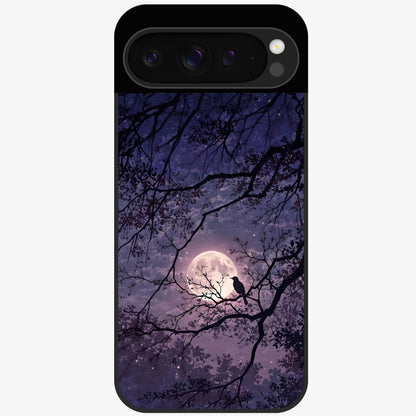 Whispering Moon Silence Glass Case showing flat back view with serene moon themed artwork and glossy glass finish.