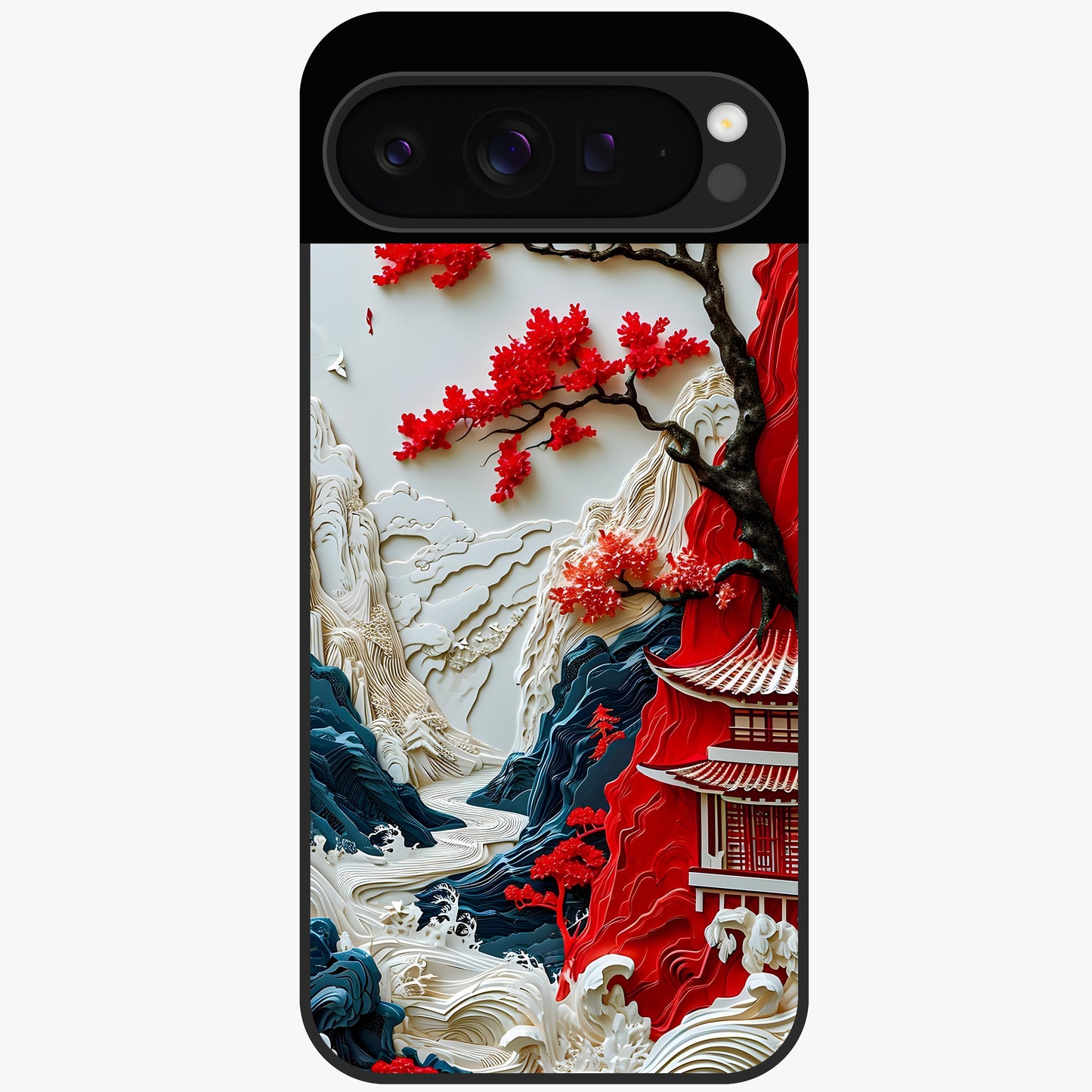 Whispers Of Sakura Waves Glass Case showing flat back view with cherry blossom wave artwork and glossy glass finish.