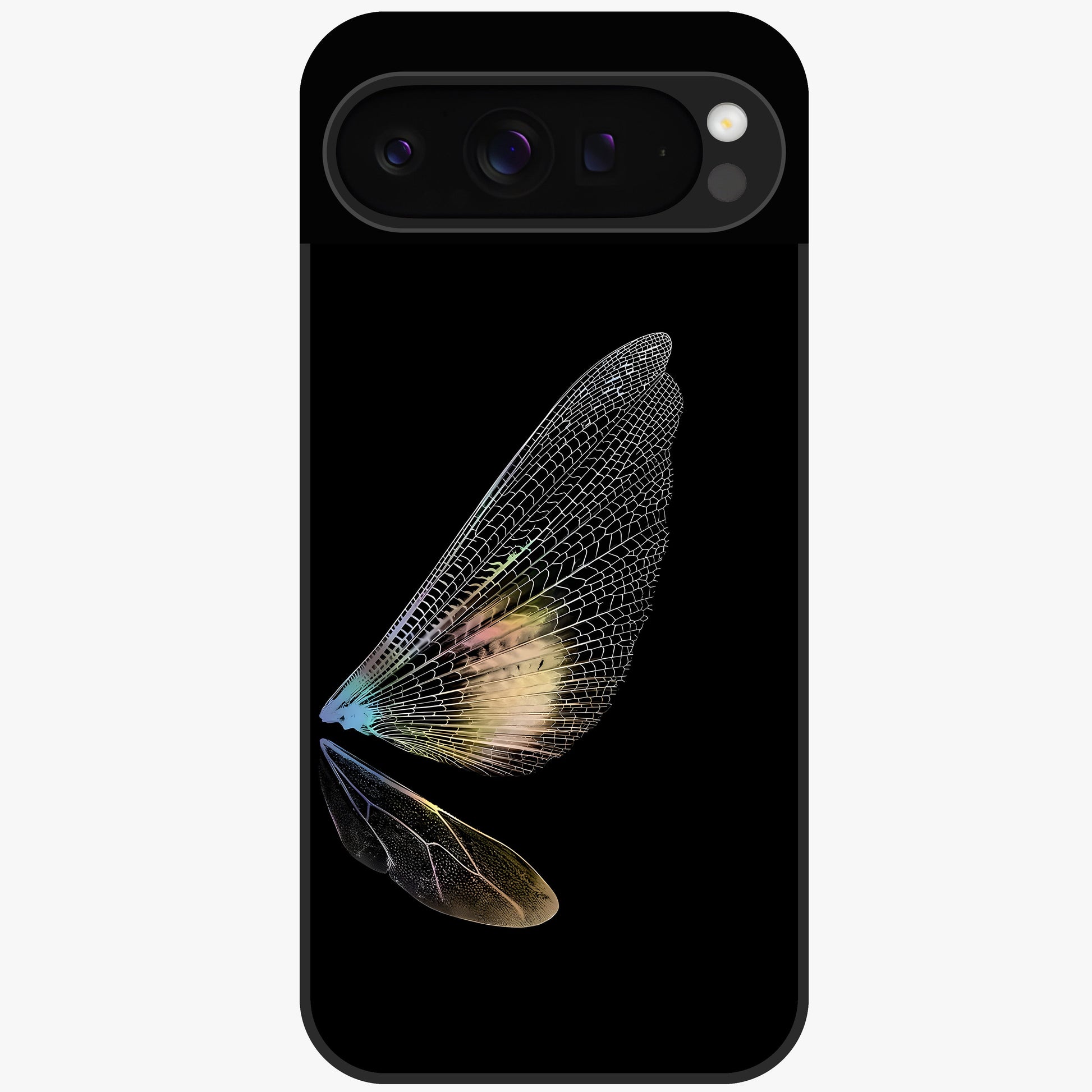 Whispers Of Wings Glass Case showing flat back view with graceful wing inspired artwork and glossy glass finish.