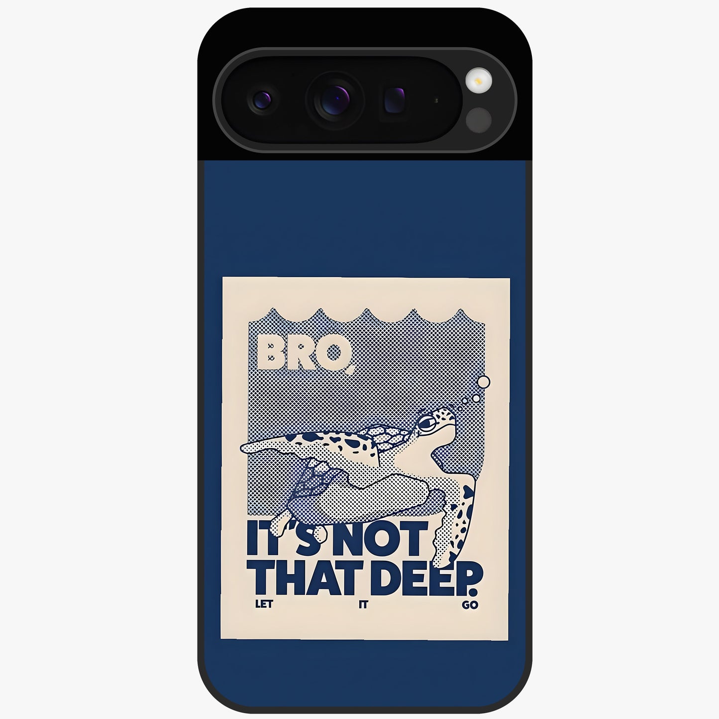 Worry Less Swim Glass Case showing flat back view with playful motivational artwork and glossy glass finish.