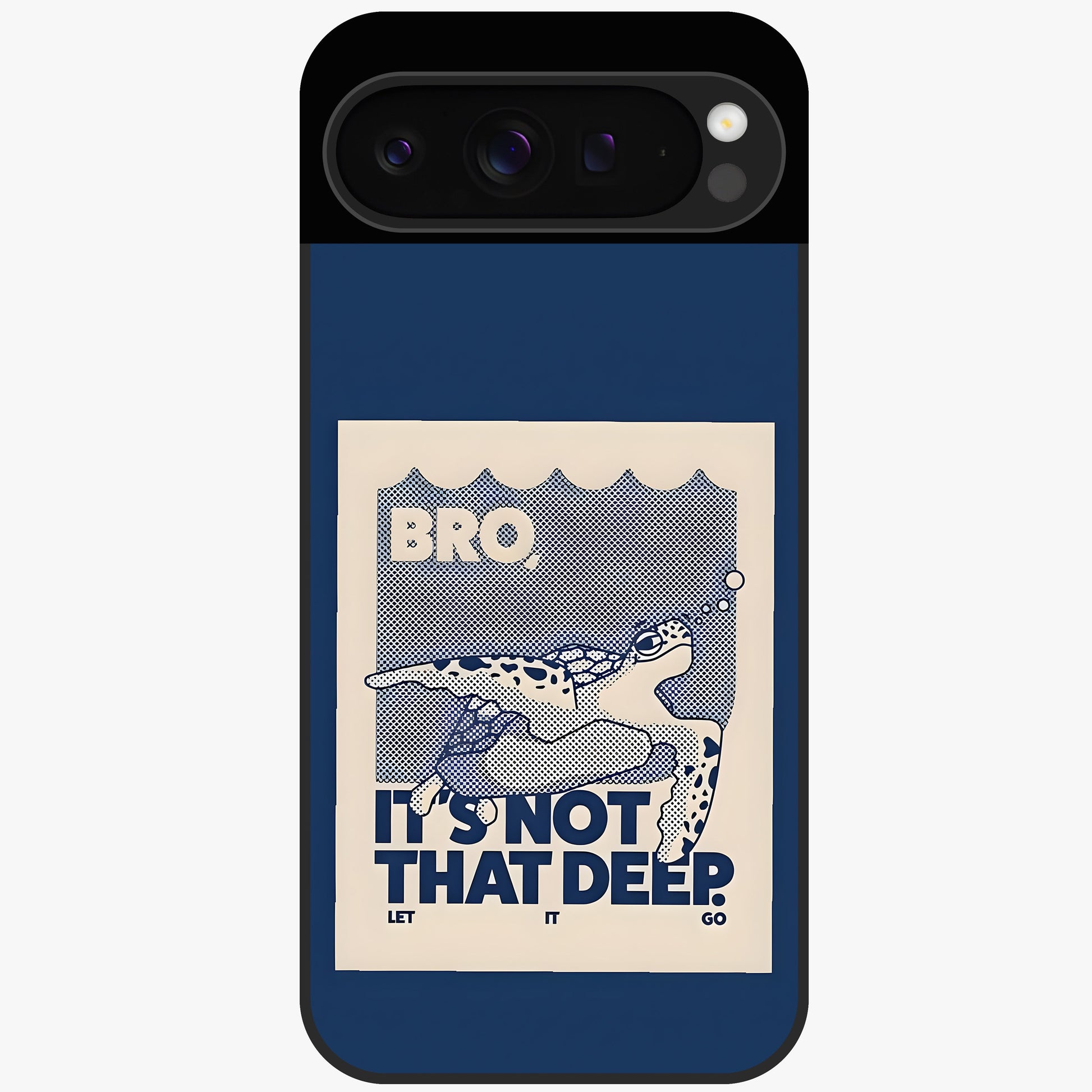 Worry Less Swim Glass Case showing flat back view with playful motivational artwork and glossy glass finish.