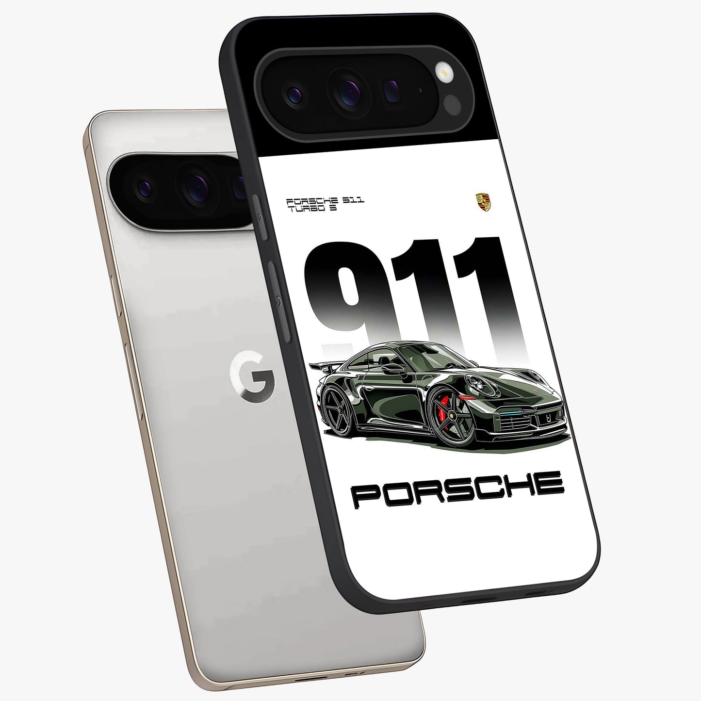 911 Turbo Dominance Glass Case displayed in premium angled mockup highlighting sporty car illustration and sleek glass surface.