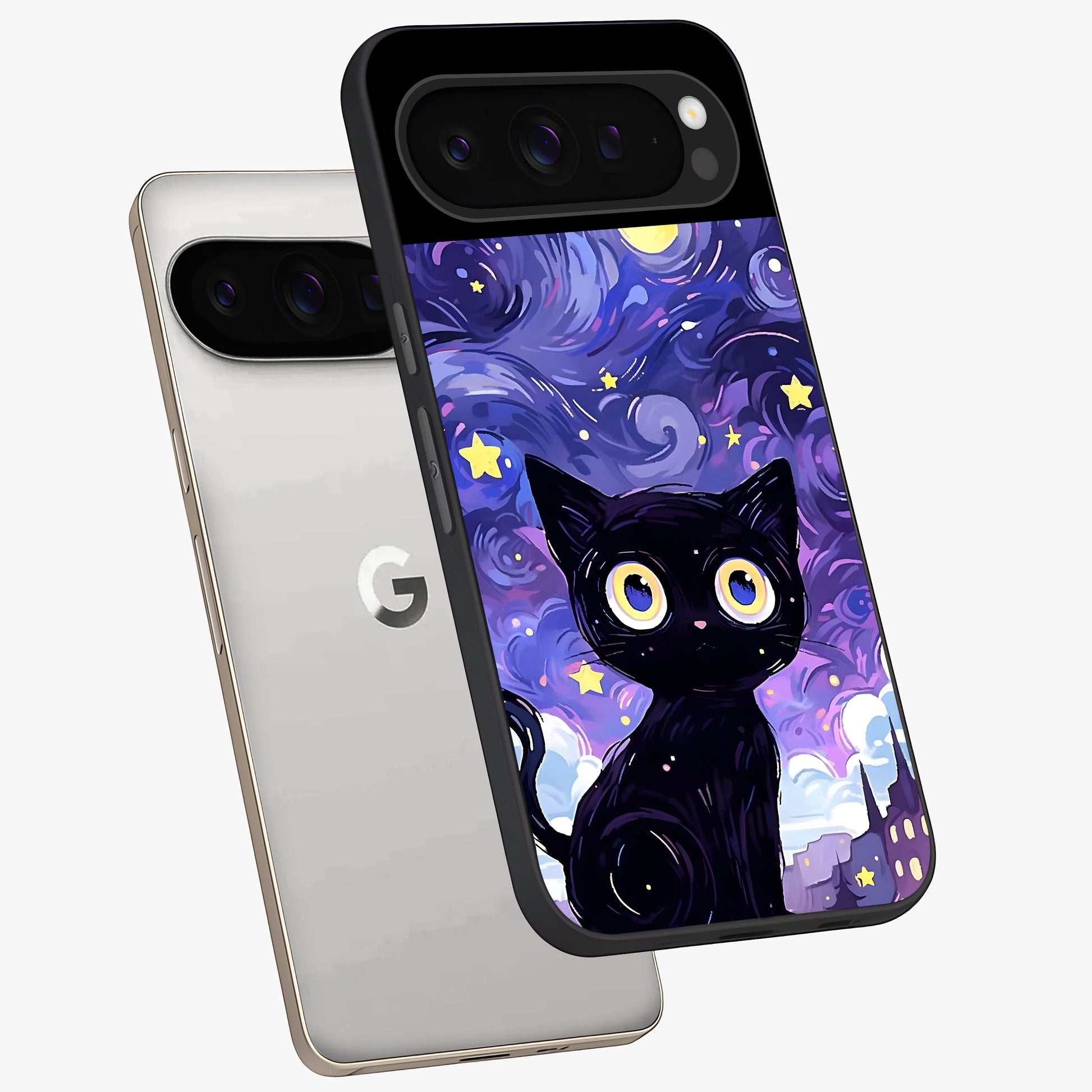 Abstract Cat Art Glass Case displayed in angled mockup highlighting modern abstract cat artwork and sleek glass surface.