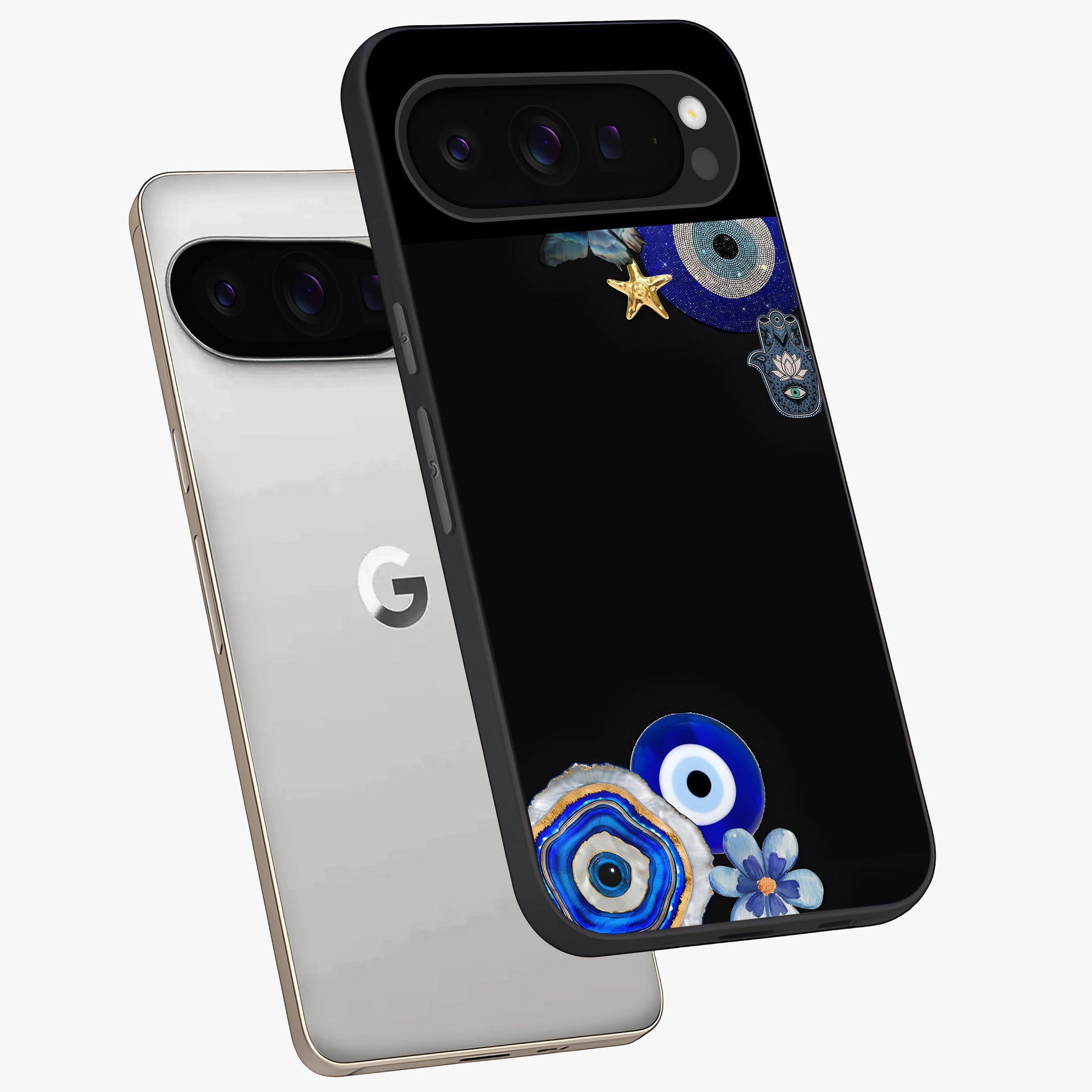 Aesthetic Blue Evil Eye Glass Case displayed in angled mockup highlighting blue evil eye symbol and spiritual aesthetic design.