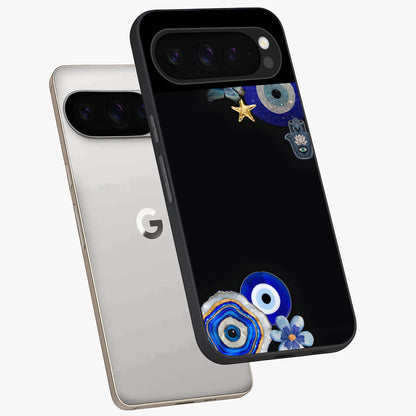 Aesthetic Blue Evil Eye Glass Case displayed in angled mockup highlighting blue evil eye symbol and spiritual aesthetic design.