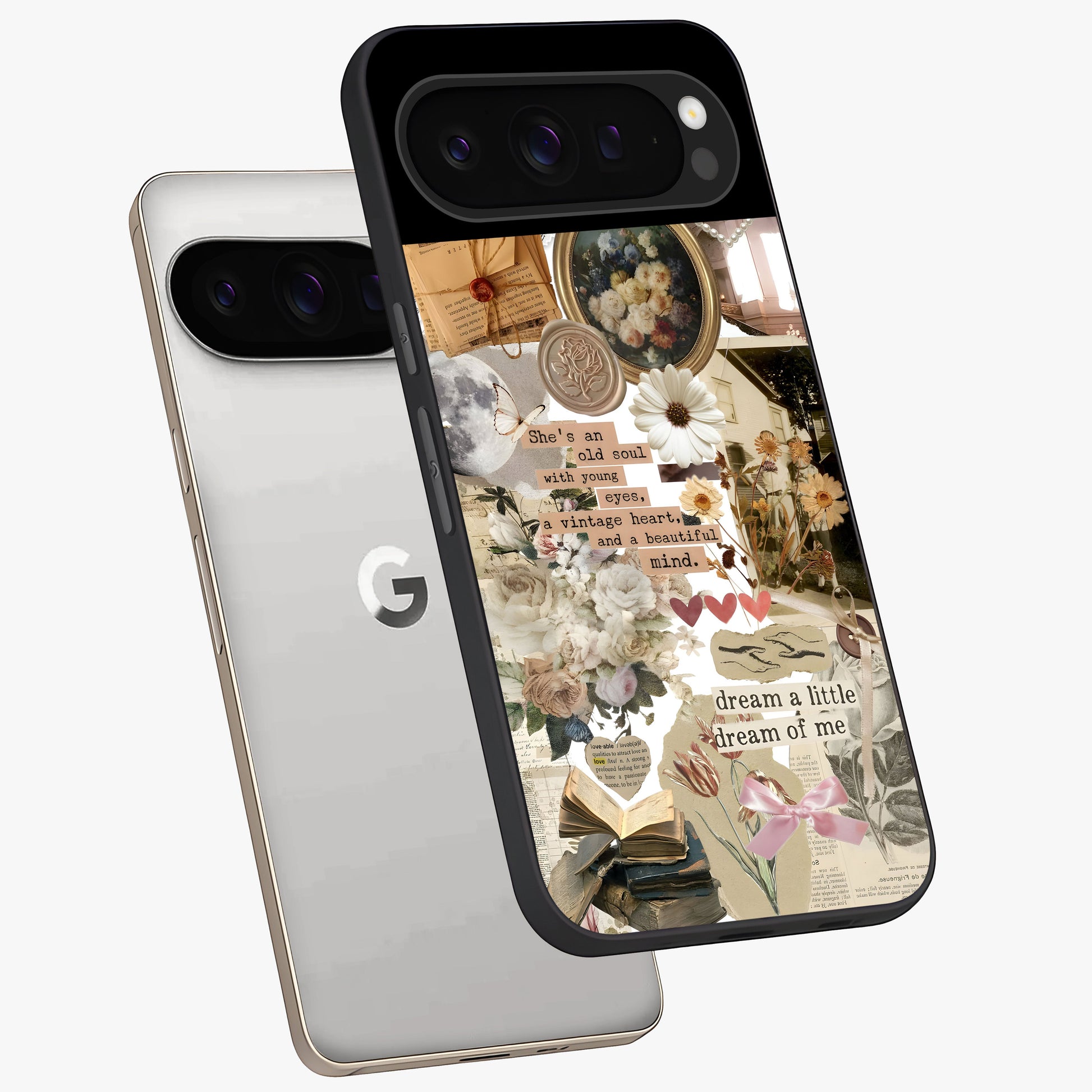 Aesthetic Brown Vintage Collage Glass Case displayed in angled mockup highlighting vintage aesthetic collage design.