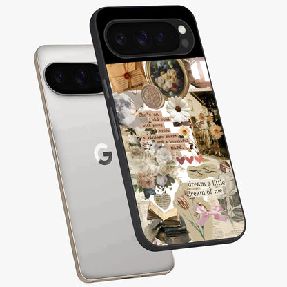 Aesthetic Brown Vintage Collage Glass Case displayed in angled mockup highlighting vintage aesthetic collage design.