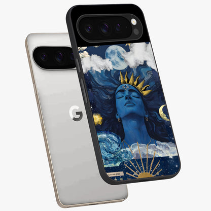 Aesthetic Lord Shiva Glass Case displayed in angled mockup highlighting spiritual Shiva illustration and sacred aesthetic design.