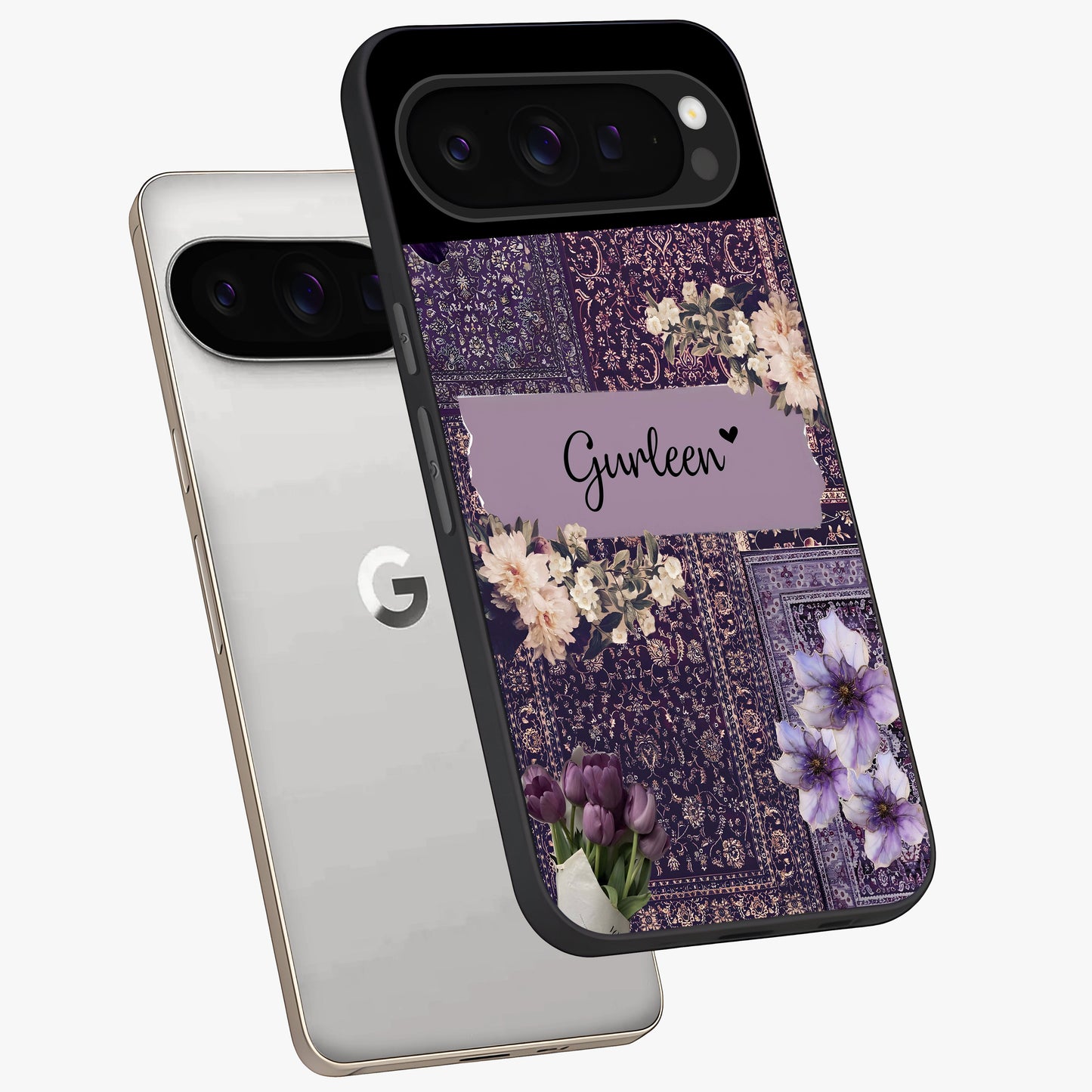 Antique Floral Whisper Custom Name Glass Case displayed in angled mockup highlighting elegant antique floral aesthetic.