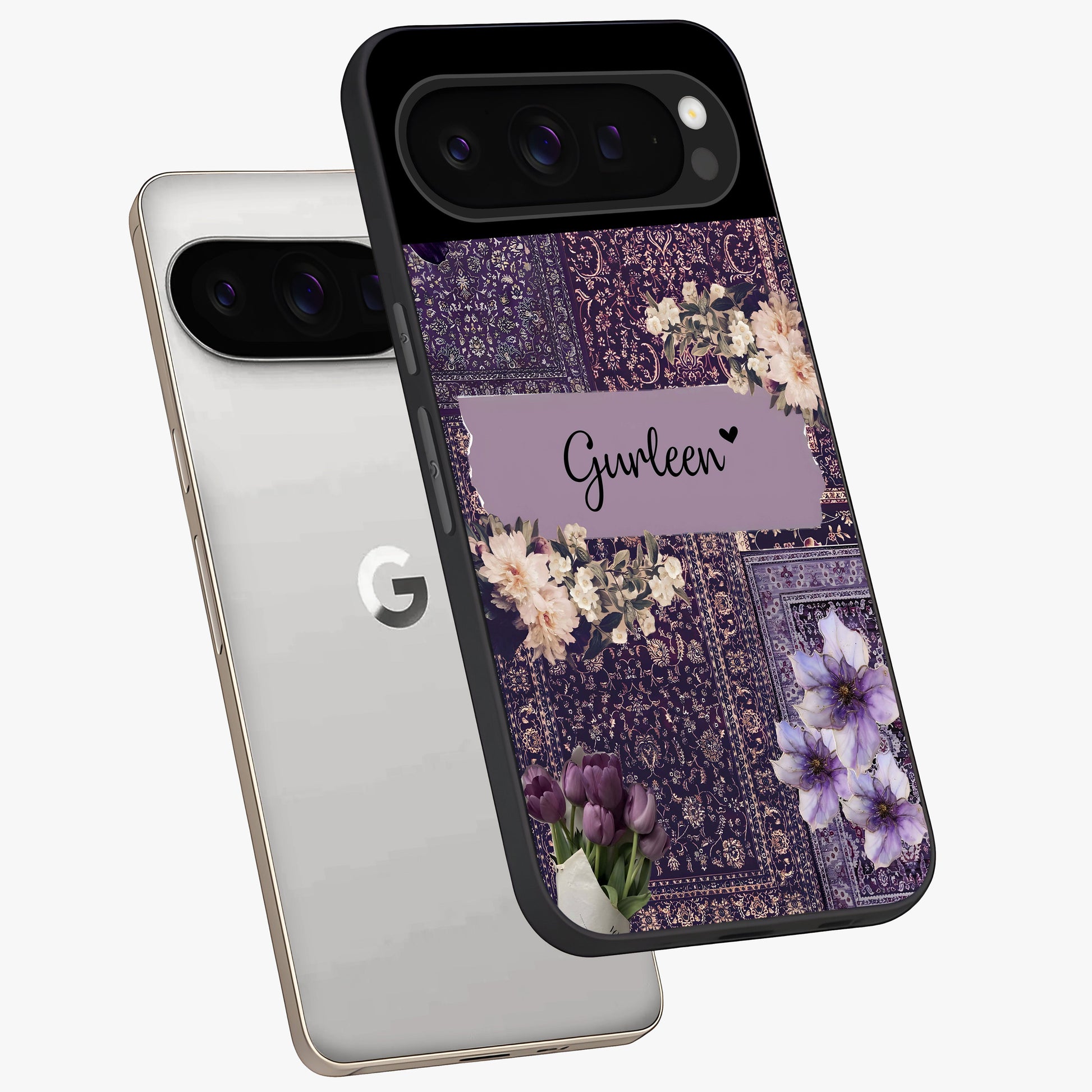 Antique Floral Whisper Custom Name Glass Case displayed in angled mockup highlighting elegant antique floral aesthetic.