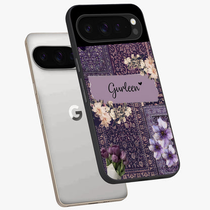 Antique Floral Whisper Custom Name Glass Case displayed in angled mockup highlighting elegant antique floral aesthetic.