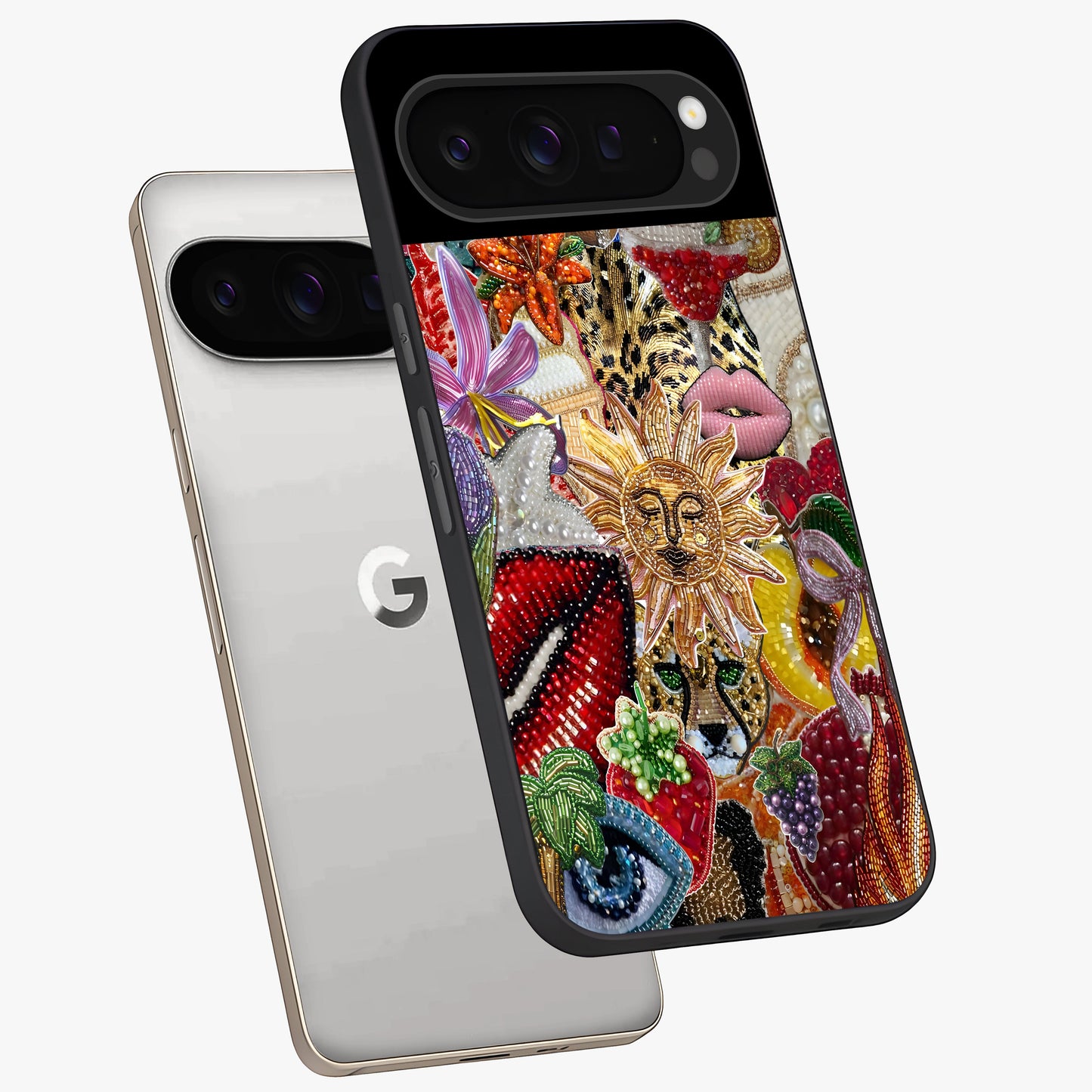 Beaded Fashion Jungle Glass Case displayed in angled mockup highlighting colorful fashion bead design and artistic pattern.