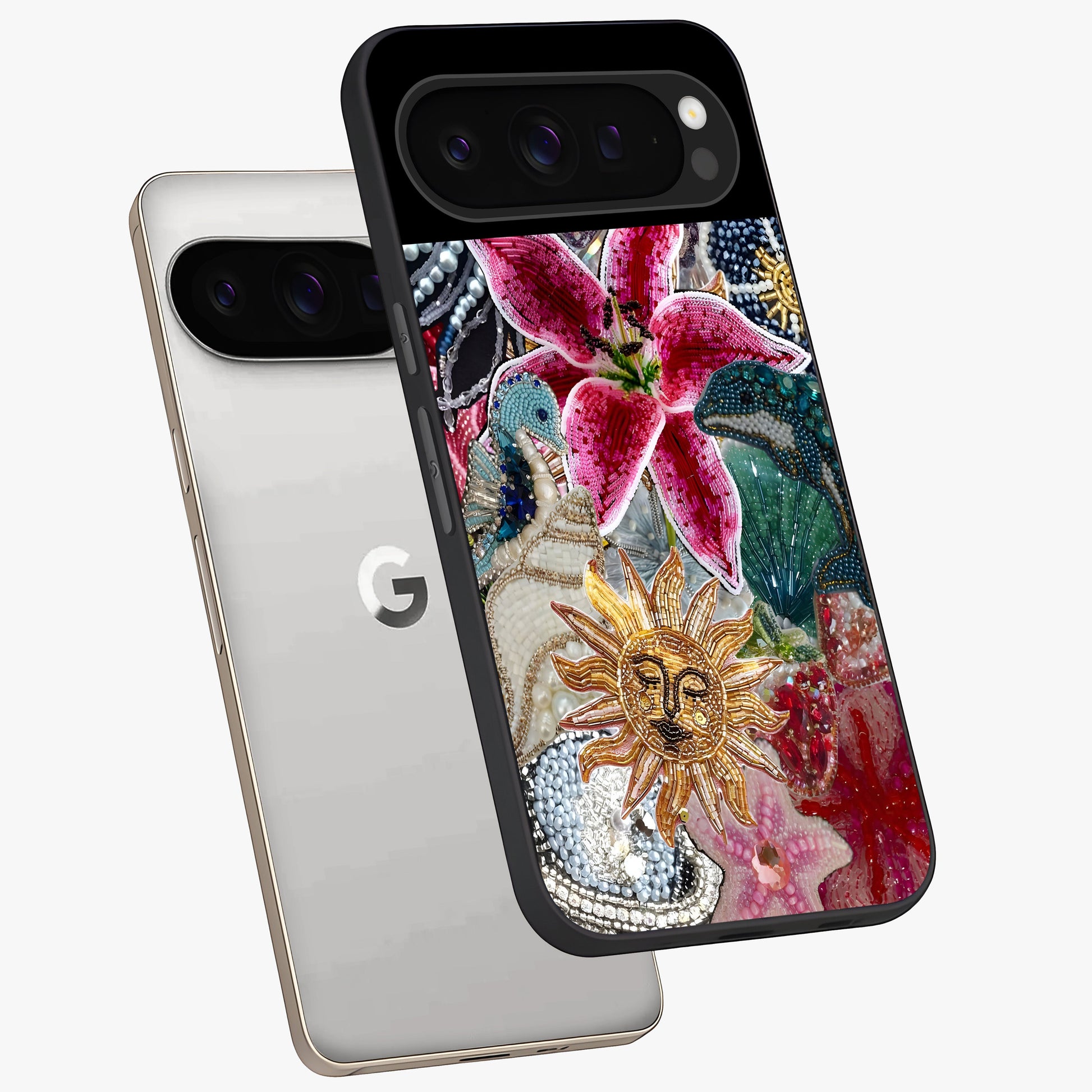 Beaded Garden Fantasy Glass Case displayed in angled mockup highlighting fantasy inspired floral bead pattern.