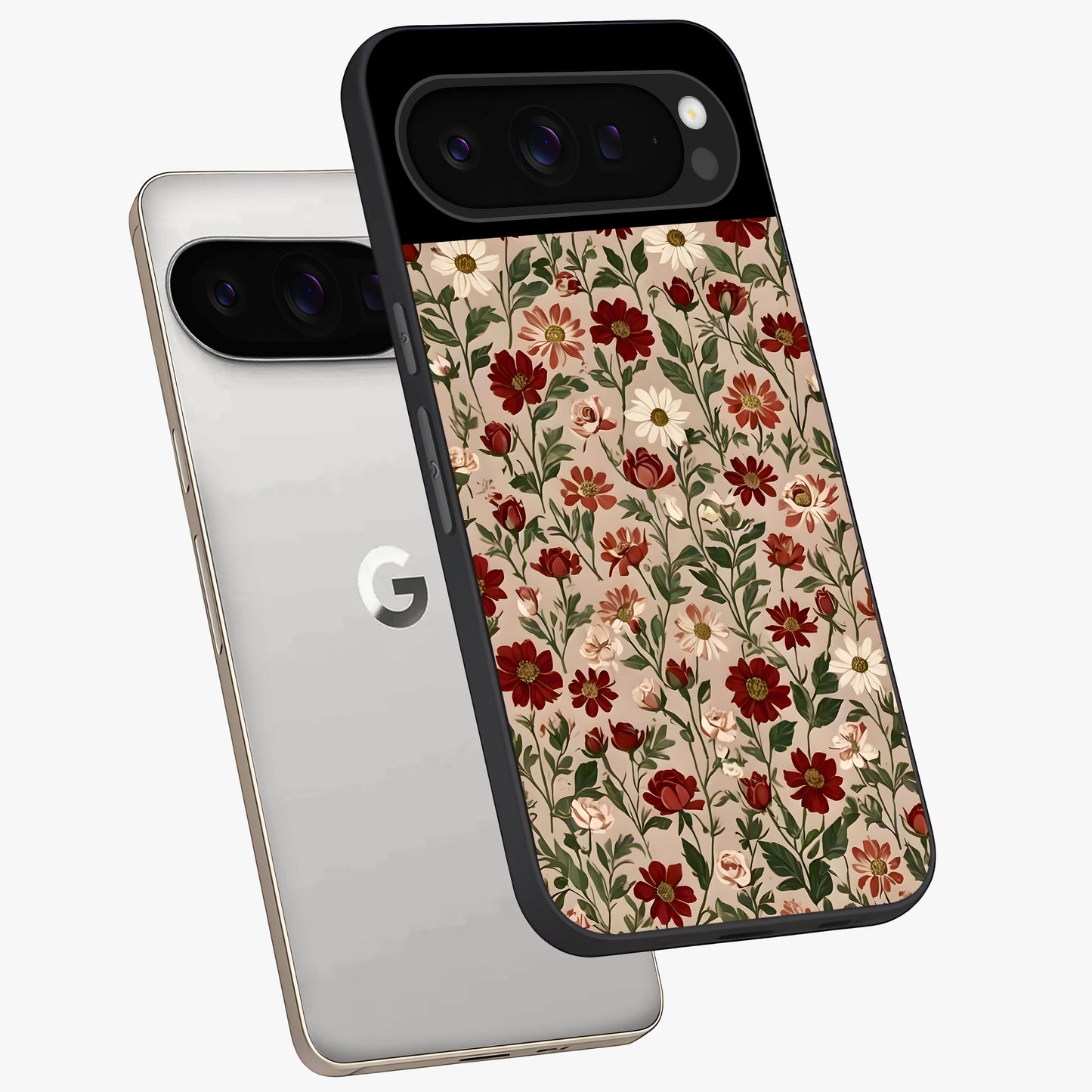 Biege Flower With Leaf Glass Case displayed in angled mockup highlighting minimal floral leaf design and elegant aesthetic.
