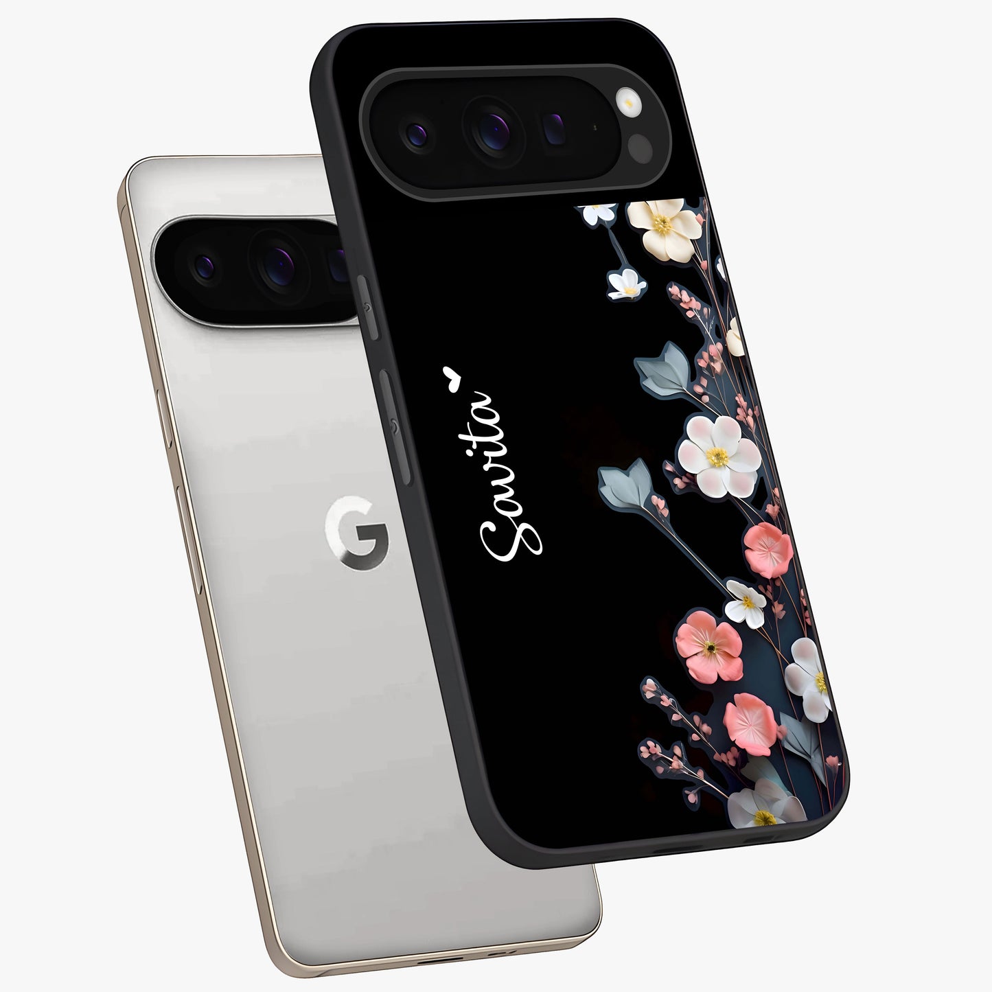 Black Elegance Floral Custom Name Glass Case displayed in angled mockup highlighting dark floral aesthetic and custom name feature.