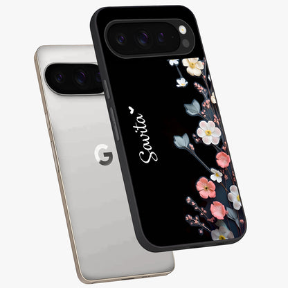 Black Elegance Floral Custom Name Glass Case displayed in angled mockup highlighting dark floral aesthetic and custom name feature.