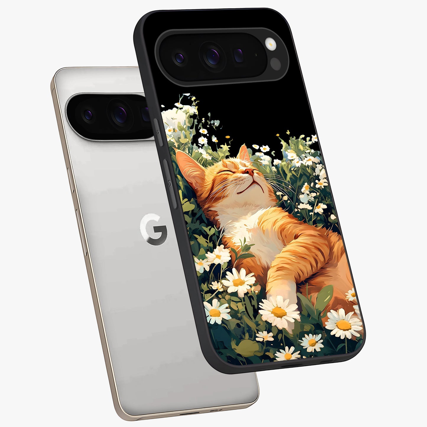 Blissful Bloom Cat Glass Case displayed in angled mockup highlighting playful feline illustration with soft floral aesthetic.