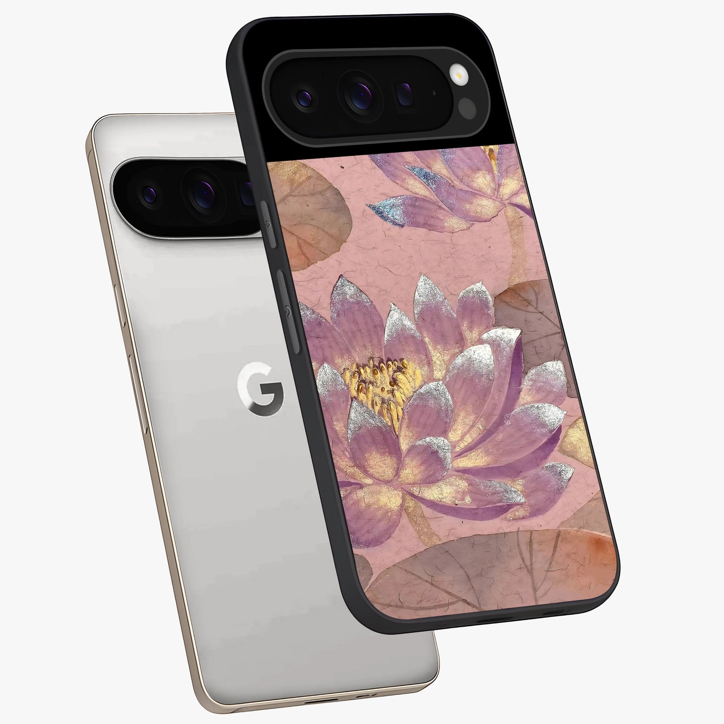 Blossom Mist Lotus Glass Case displayed in angled mockup highlighting delicate lotus illustration with calm aesthetic theme.