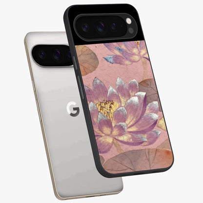 Blossom Mist Lotus Glass Case displayed in angled mockup highlighting delicate lotus illustration with calm aesthetic theme.
