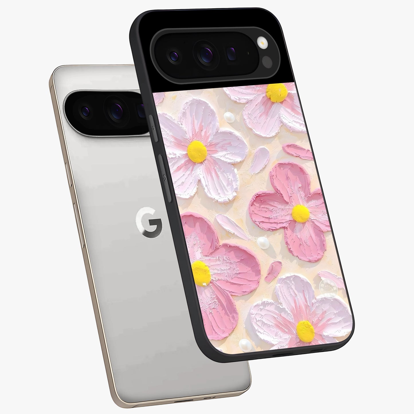 Blush Bloom Texture Glass Case displayed in angled mockup highlighting subtle bloom pattern with aesthetic pastel design.