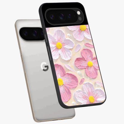 Blush Bloom Texture Glass Case displayed in angled mockup highlighting subtle bloom pattern with aesthetic pastel design.