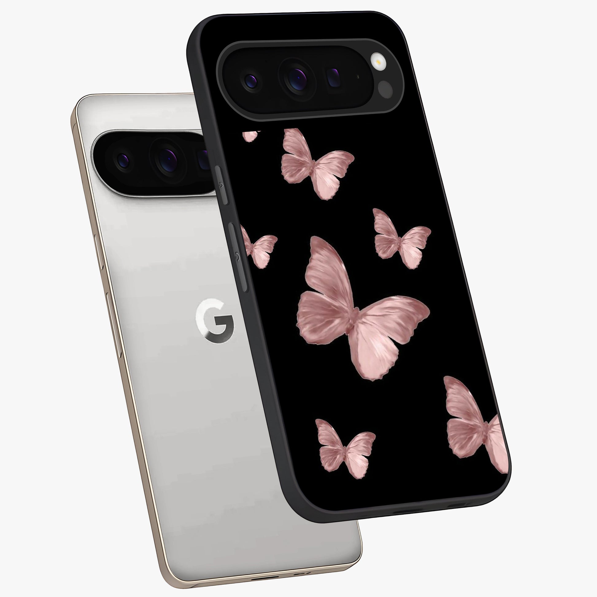 Butterfly Pattern Glass Case displayed in angled mockup highlighting delicate butterfly design and aesthetic pattern style.