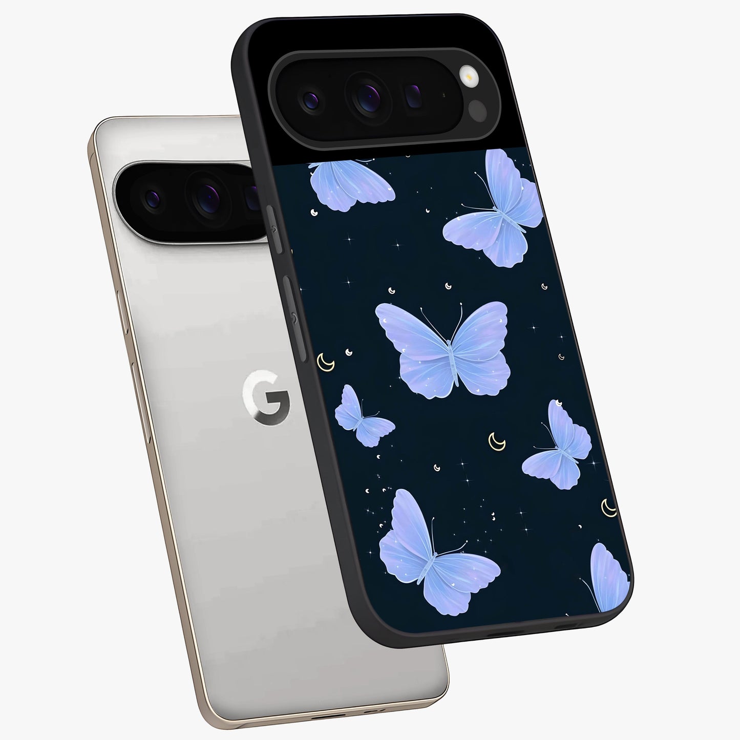 Butterfly With Stars Pattern Glass Case displayed in angled mockup highlighting dreamy butterfly and star design with aesthetic theme.
