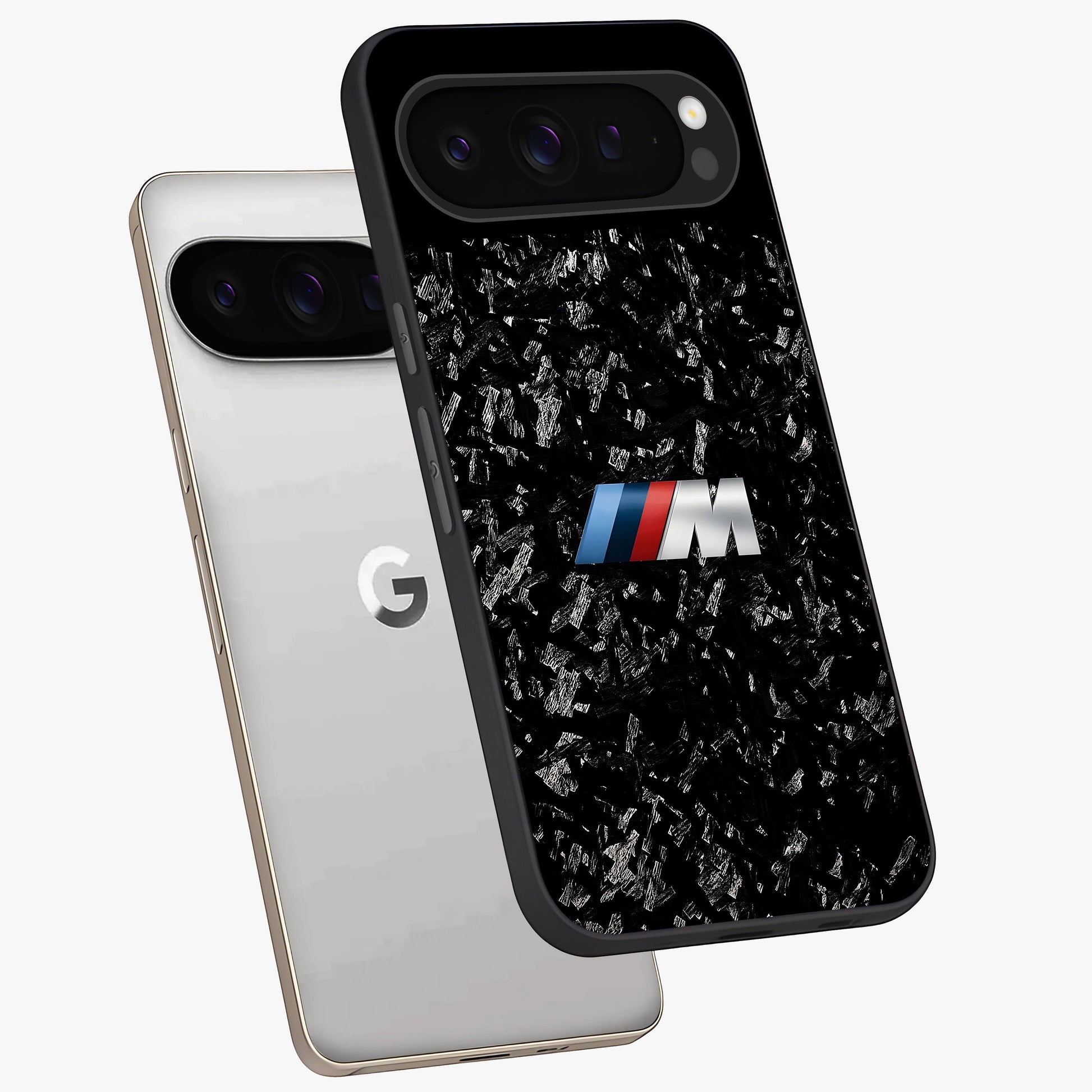 Carbon Speed Mark Glass Case displayed in angled mockup highlighting racing inspired carbon design and sleek aesthetic style.