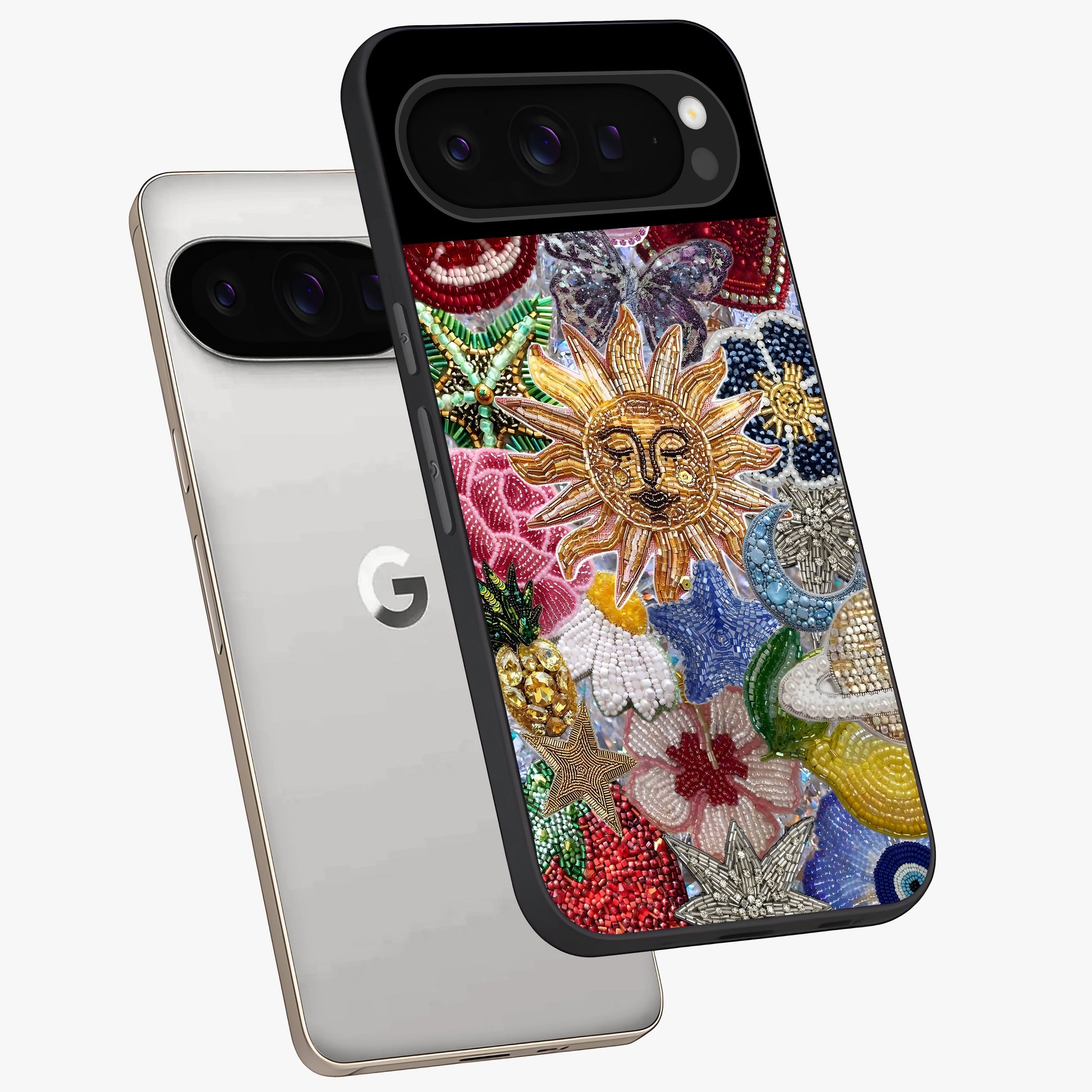 Celestial Floral and Playful Glass Case displayed in angled mockup highlighting playful floral design with dreamy celestial elements.