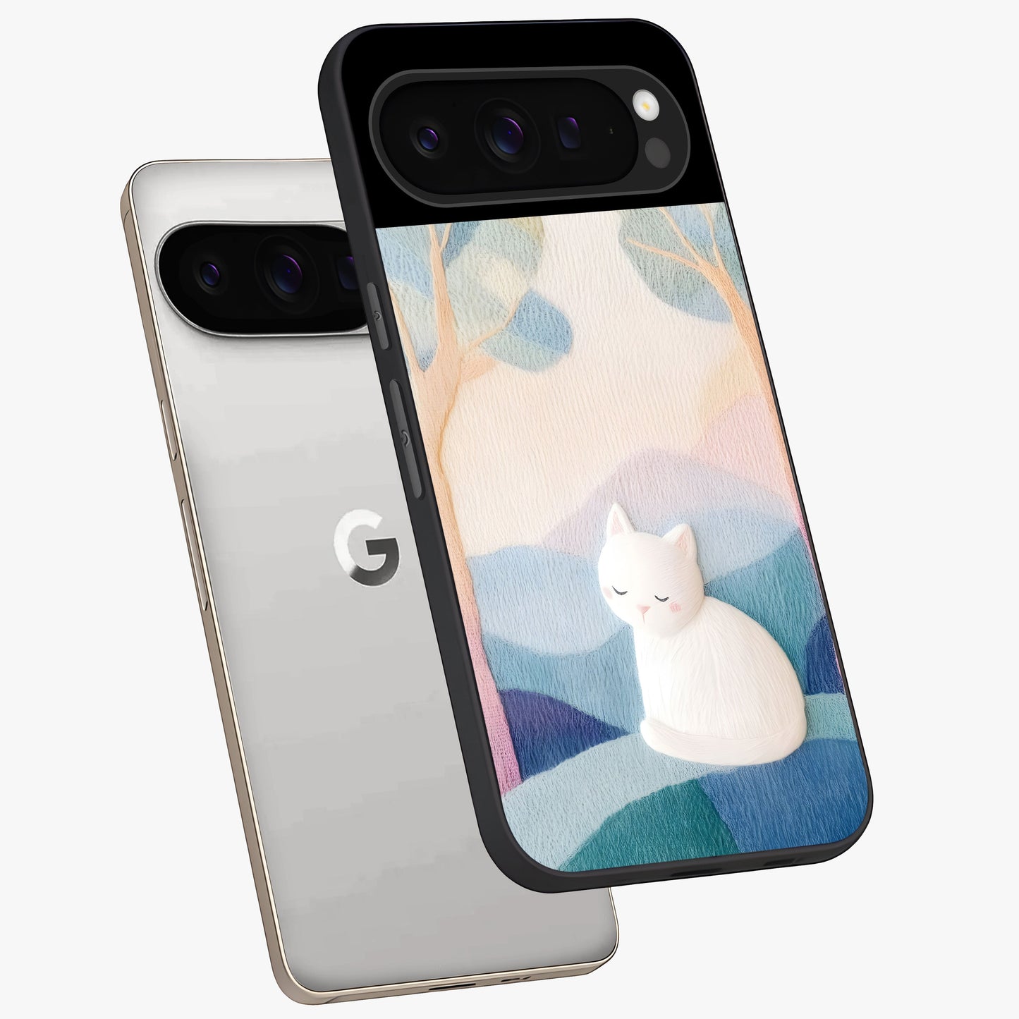 Cotton Dream Cat Glass Case displayed in angled mockup highlighting cute feline illustration with pastel aesthetic style.