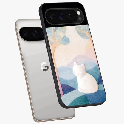 Cotton Dream Cat Glass Case displayed in angled mockup highlighting cute feline illustration with pastel aesthetic style.