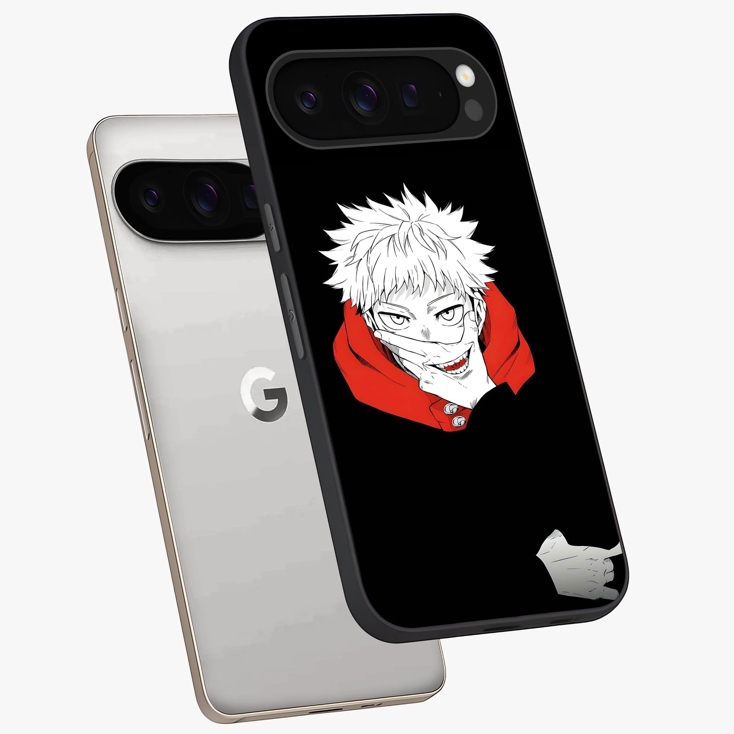 Crimson Chaos Smile Glass Case displayed in angled mockup highlighting edgy crimson smile design with graphic aesthetic.