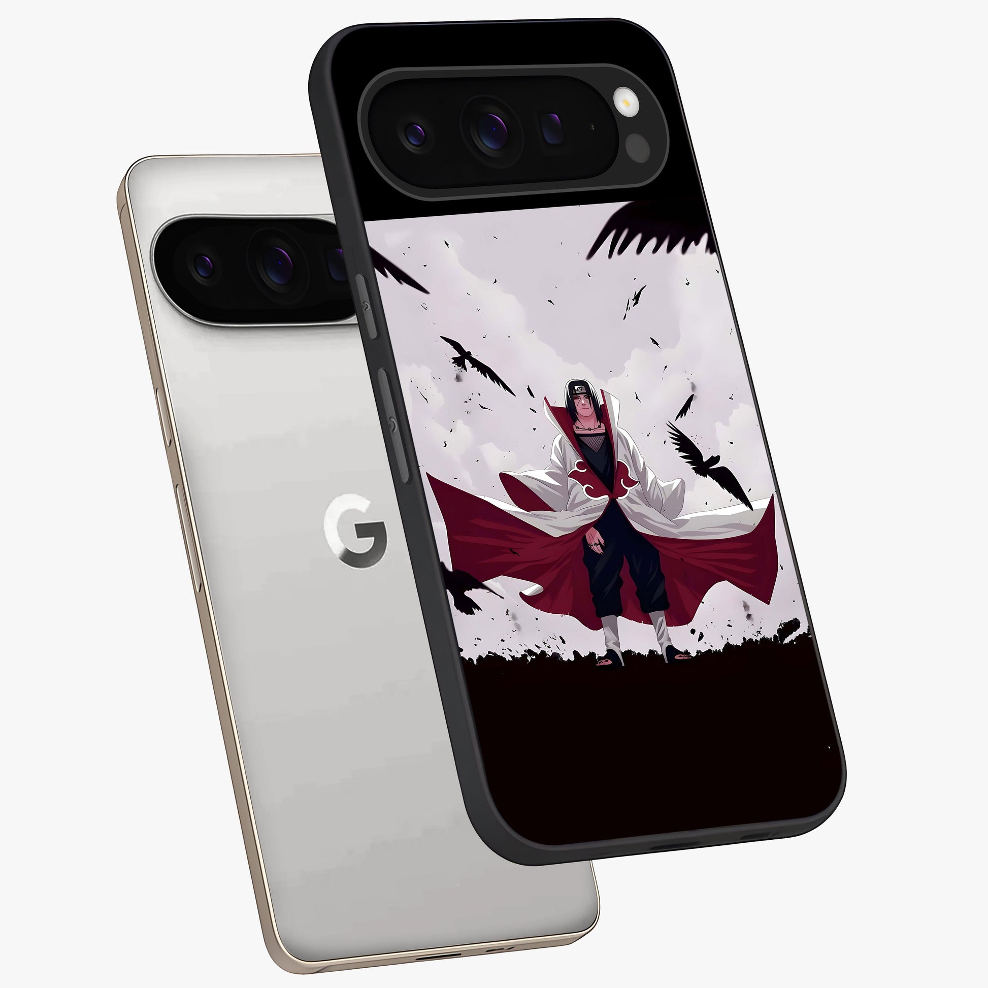 Crimson Crow Ascension Glass Case displayed in angled mockup highlighting powerful crow illustration with dark crimson aesthetic.