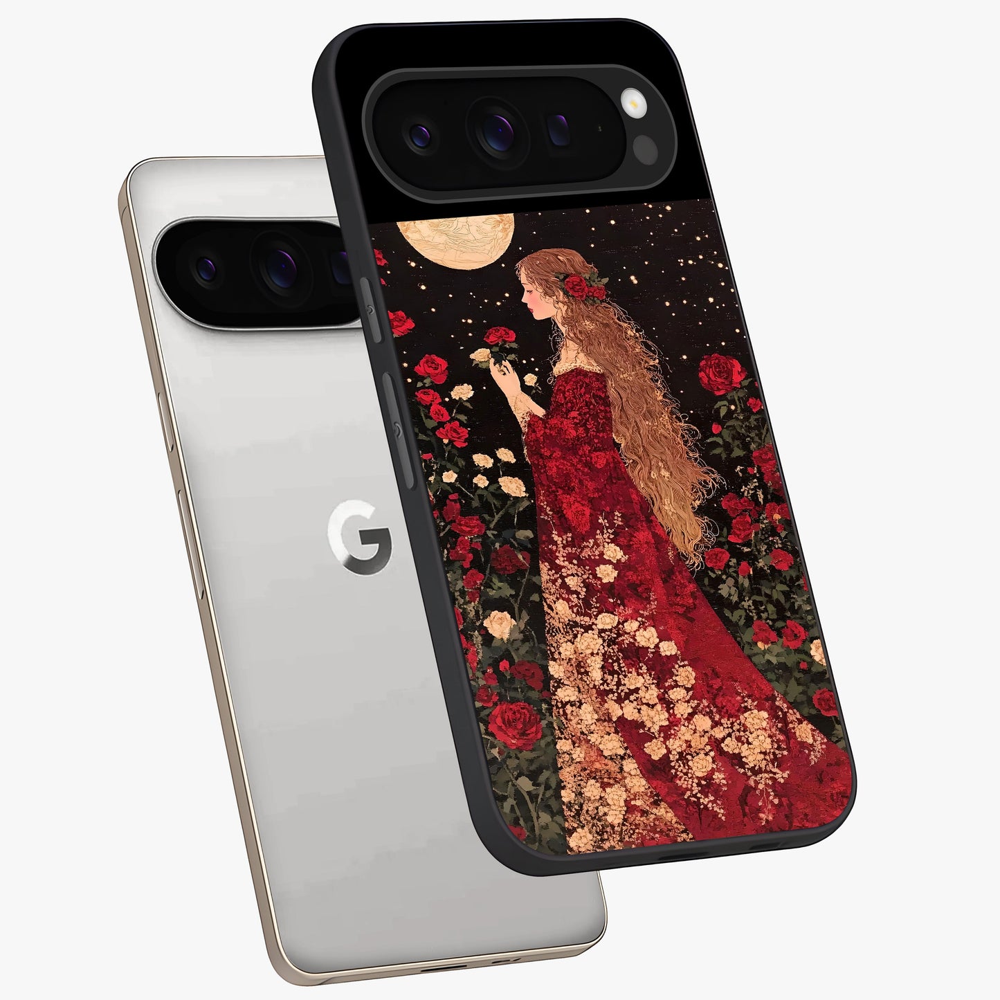 Crimson Dreams Glass Case displayed in angled mockup highlighting soft crimson aesthetic design with artistic theme.