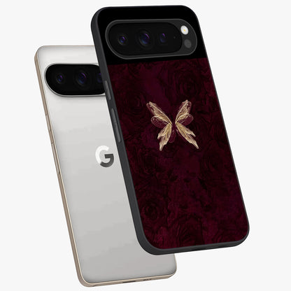Crimson Fade Butterfly Glass Case displayed in angled mockup highlighting elegant butterfly design with crimson gradient aesthetic.