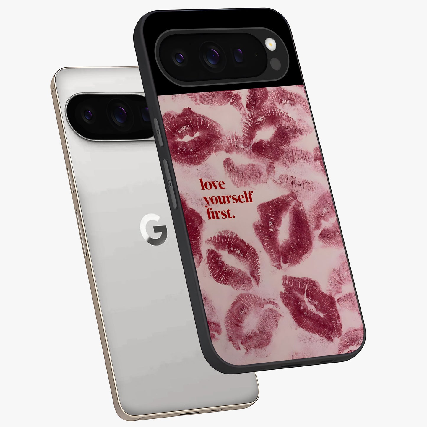 Crimson Kiss Love Glass Case displayed in angled mockup highlighting bold love inspired design with modern aesthetic style.