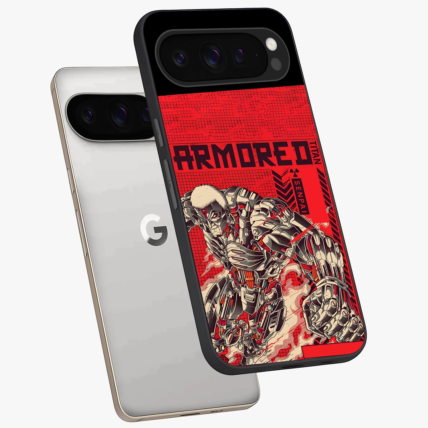 Crimson Mecha Titan Glass Case displayed in angled mockup highlighting futuristic mech illustration with bold crimson aesthetic.
