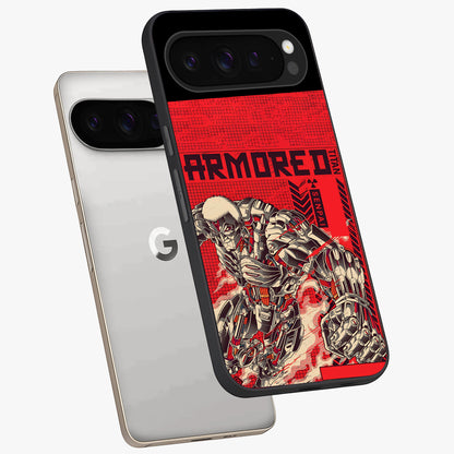 Crimson Mecha Titan Glass Case displayed in angled mockup highlighting futuristic mech illustration with bold crimson aesthetic.