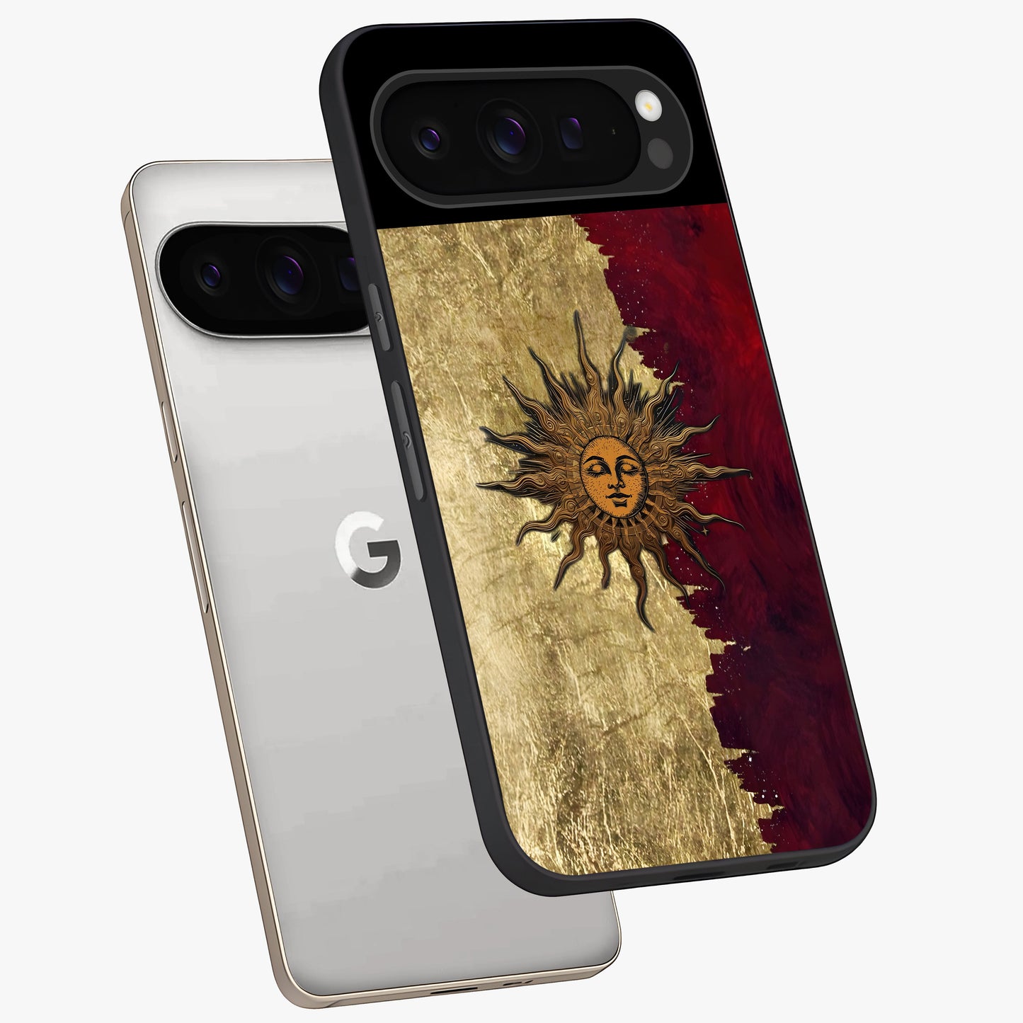 Crimson Sun Majesty Glass Case displayed in angled mockup highlighting majestic crimson sun design with bold aesthetic style.